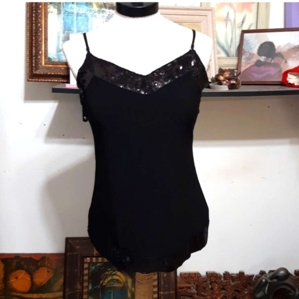 Womens Black Tank top Spaghetti Strap Dressy JTB Med sparkly B12